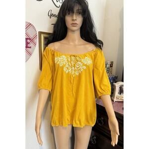 TOP WOMEN Zena‎ Yellow 100% Cotton With Faux Embroidery Womens Shirt size XL